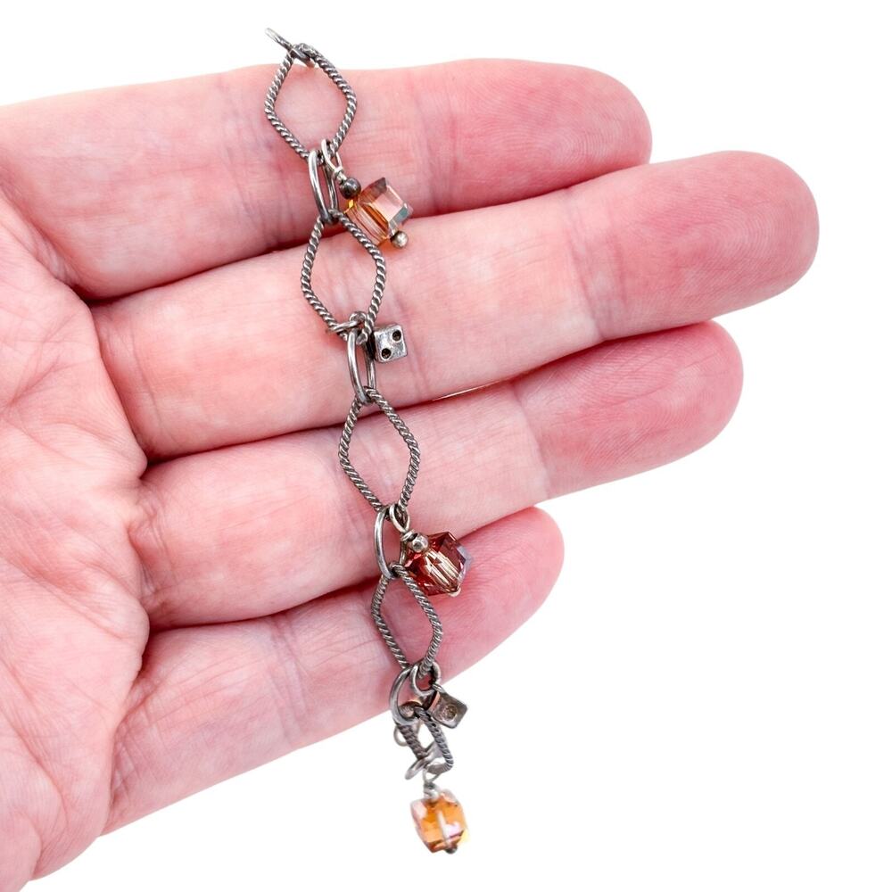 Vintage Sterling Silver 925 Orange Crystal Dice Charm Bracelet 8.5"